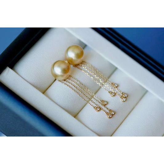 Golden South Sea Pearl Threader Diamond Double Tear Earrings